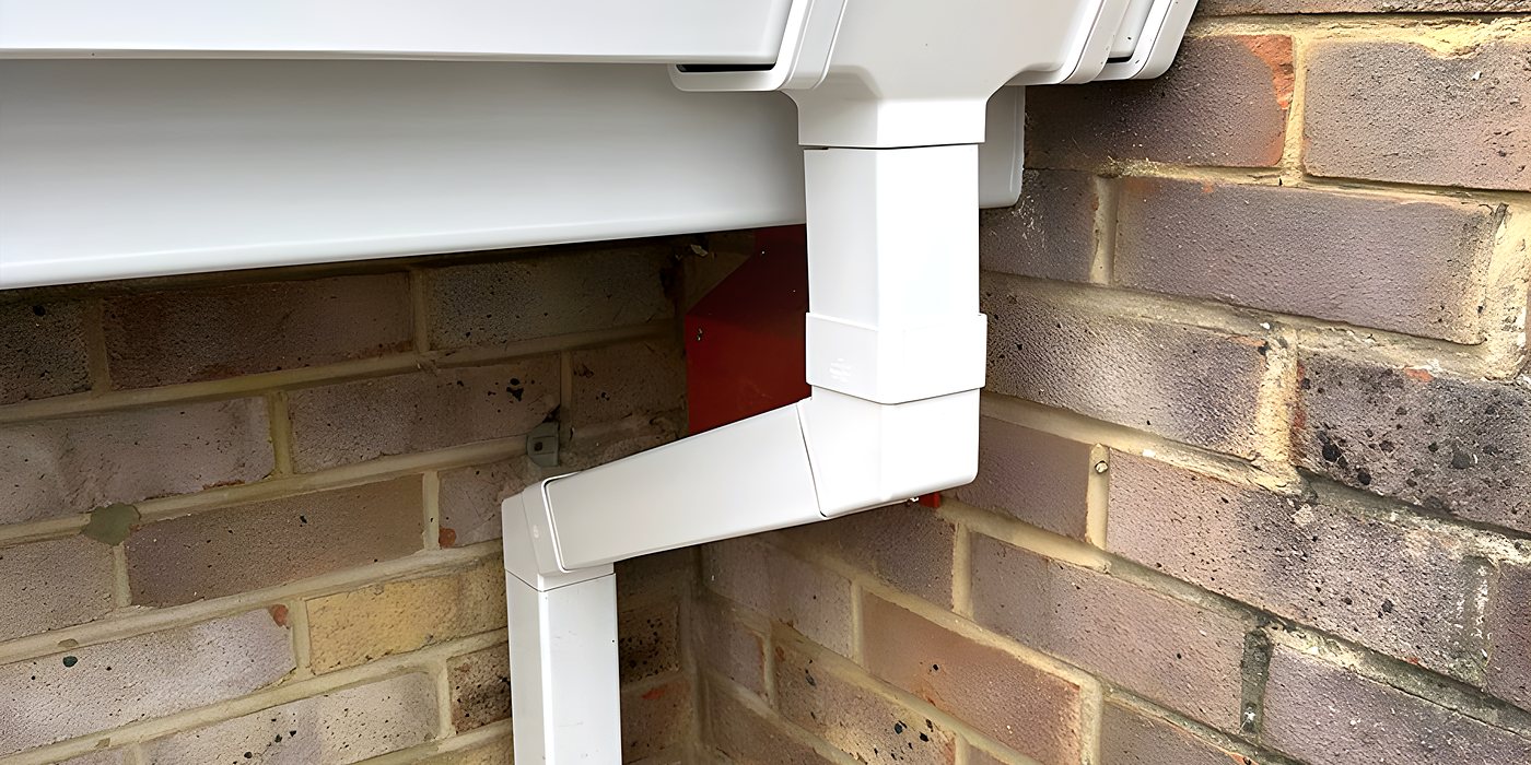 A white downpipe swan neck fixed to brickwork