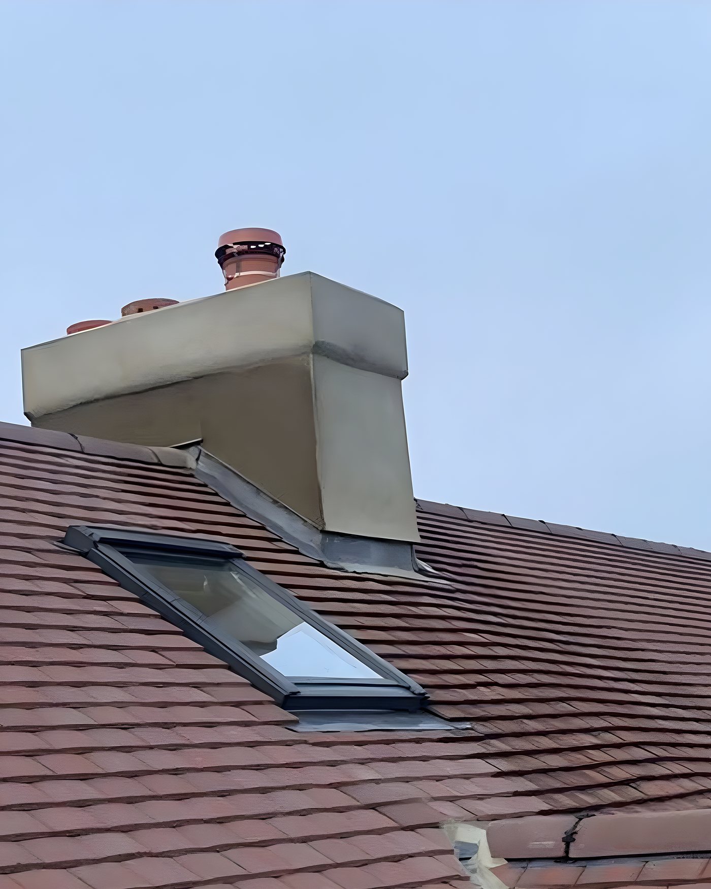 Rendered chimney stack with new lead flashing and a Velux window on a red tiled roof