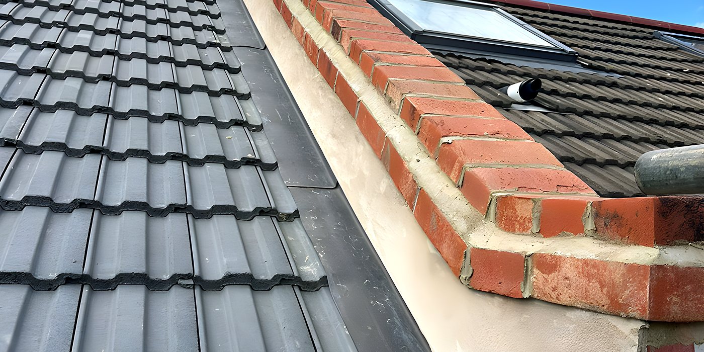 Roofing work in Clapham: lead flashing dressed along a grey tiled roof