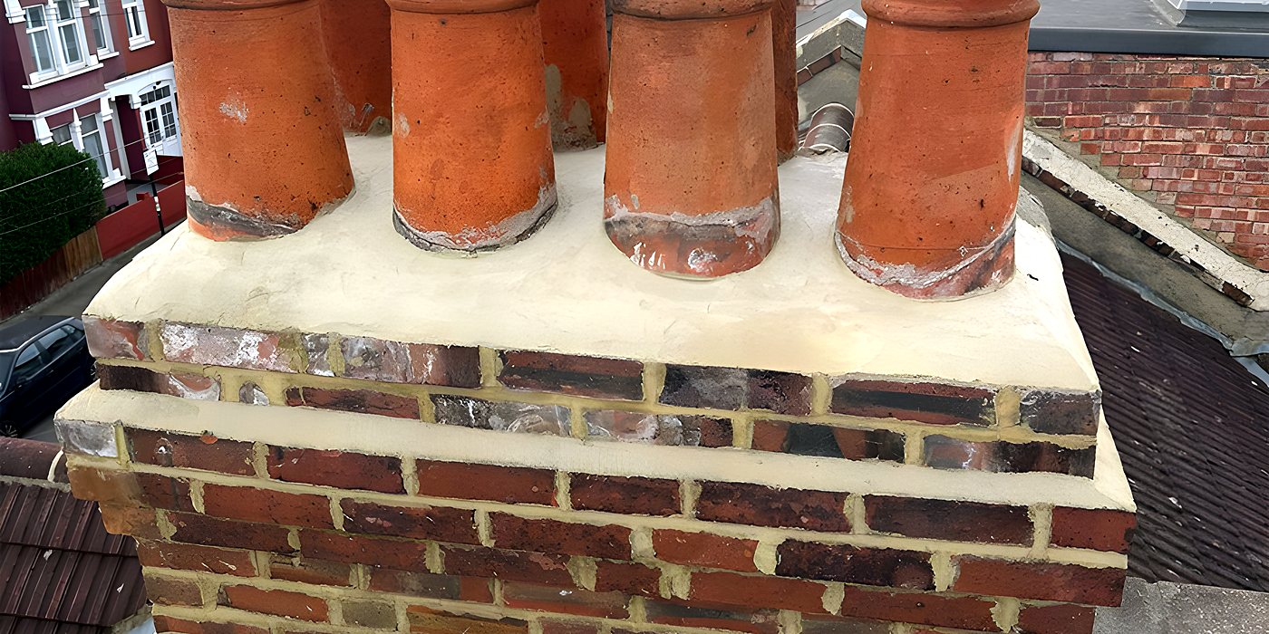 Roofing work in Putney: a rebuilt chimney stack with four clay pots above a terrace