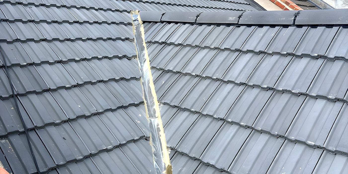 Roofing work in Tooting: new lead flashing where a stack meets grey tiles